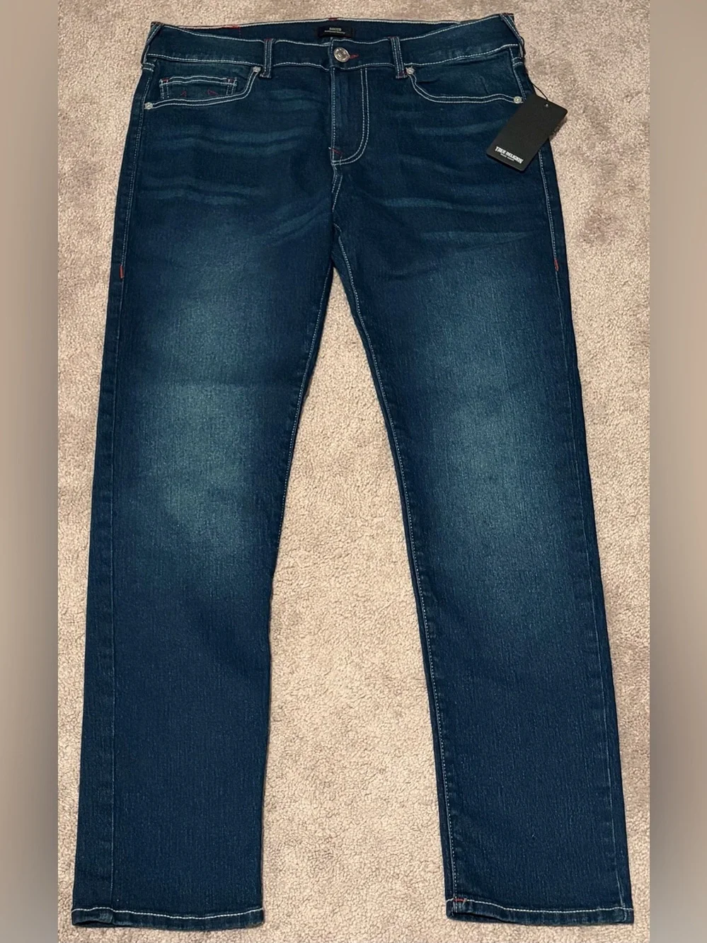 True Religion Rocco Relaxed Skinny Jeans Men’s Size 34x32 Dark Wash NWT No Flap